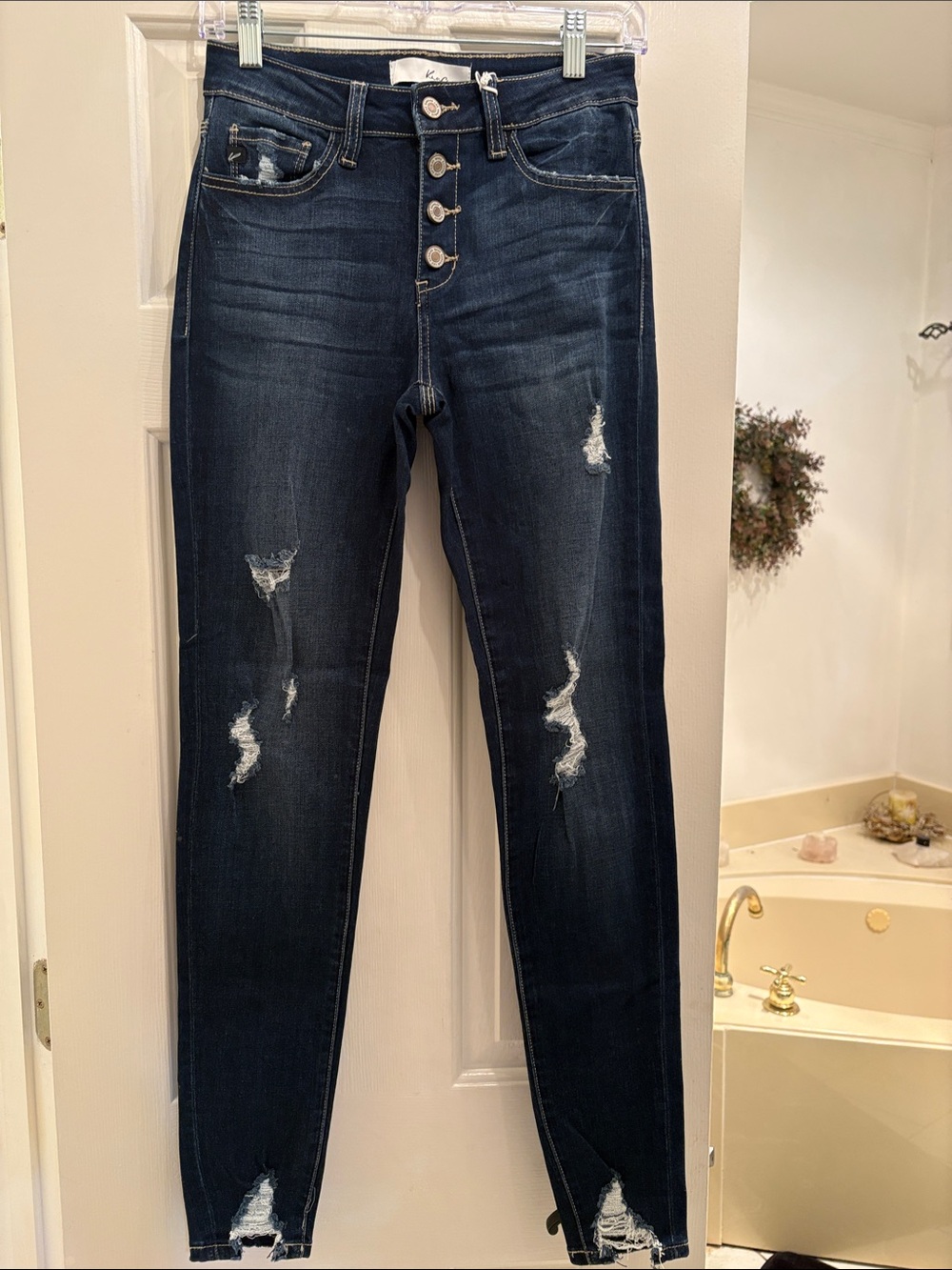 KanCan Dark Blue Distressed Skinny Jeans with Button Fly